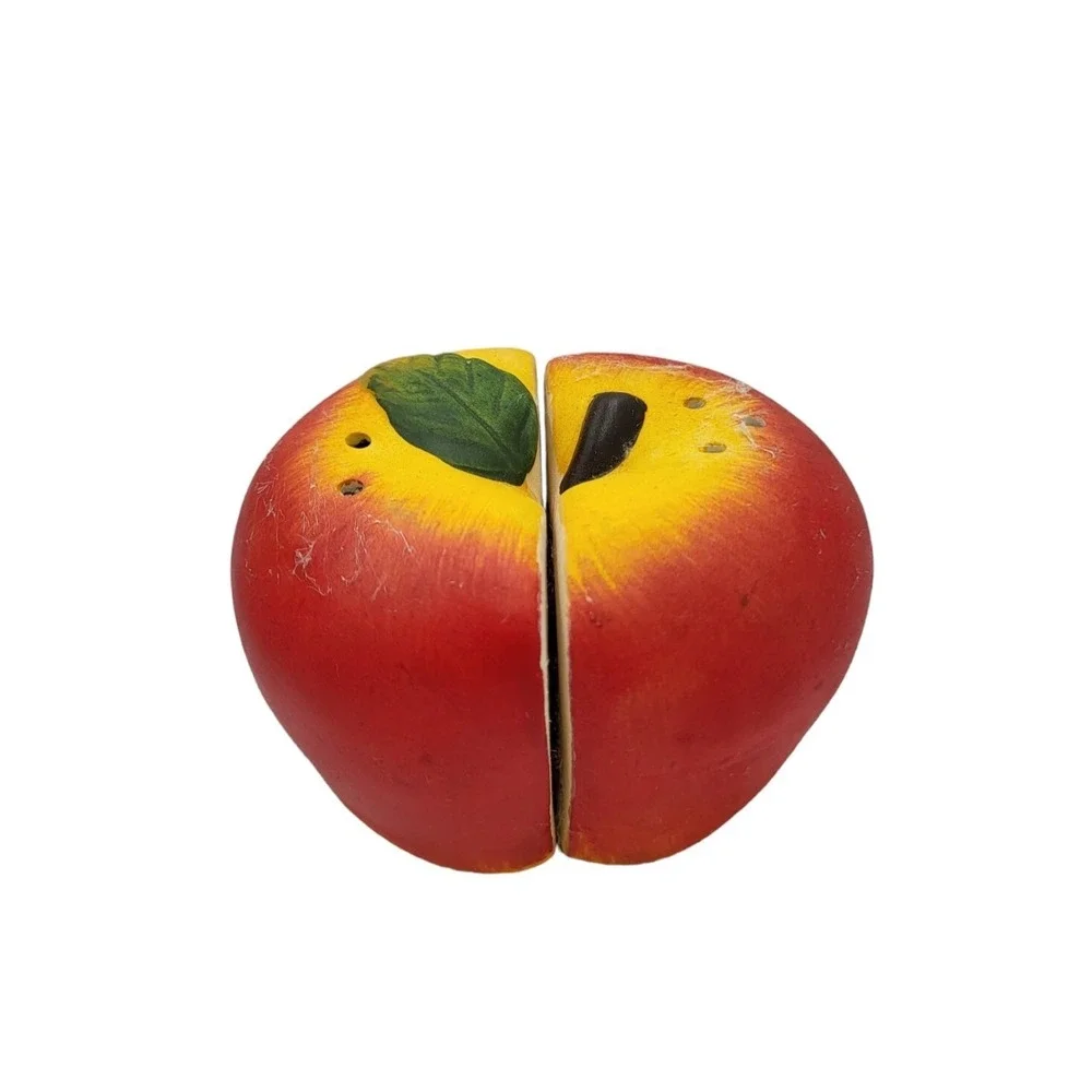 Vtg Porcelain Salt‎ & Pepper Shakers Split Red Apple Retro Handpainted Kitschy